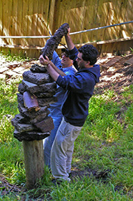 photo of men building a tower of rocks