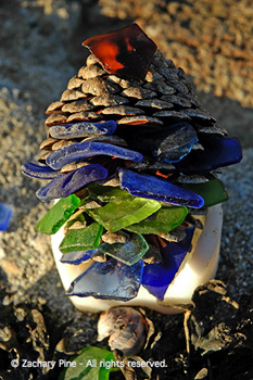  photo of sculpture with sea glass and pine cone