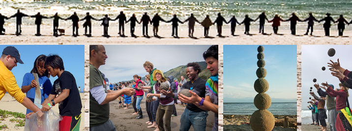 photo montage of people holding hands, beach cleanup, and sand globe making