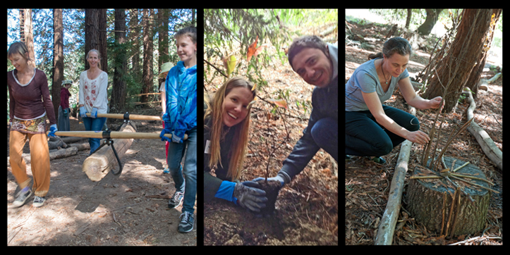 montage of people moving a log, two people planting a native plant, and a woman creating art with sticks on a stump“ />
<p class=