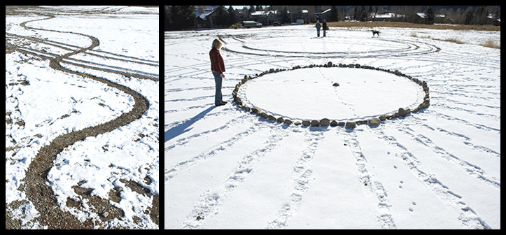 photo of meandering dirt path through snow and photo of sun-like stone sculpture